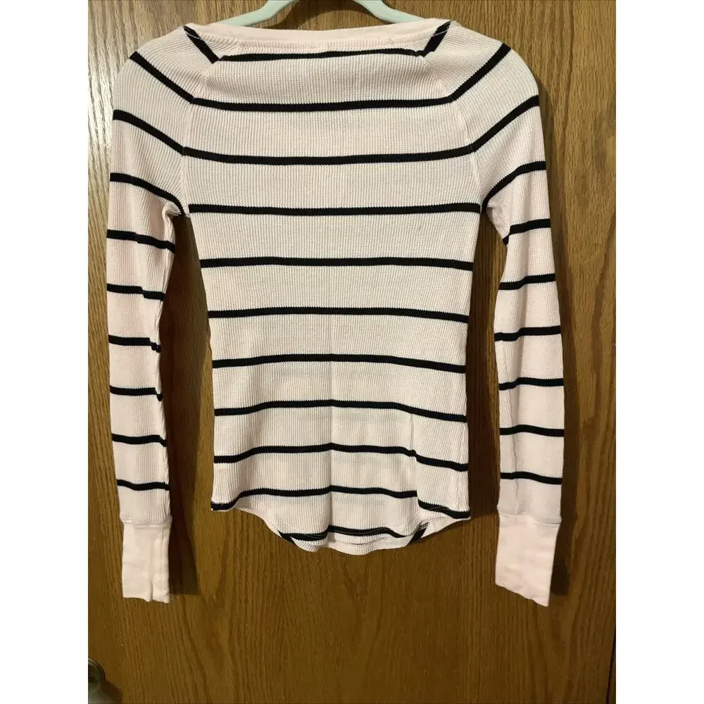 Victorias Secret PINK Waffle Knit Long Sleeve T Shirt Black Stripe Pink XS